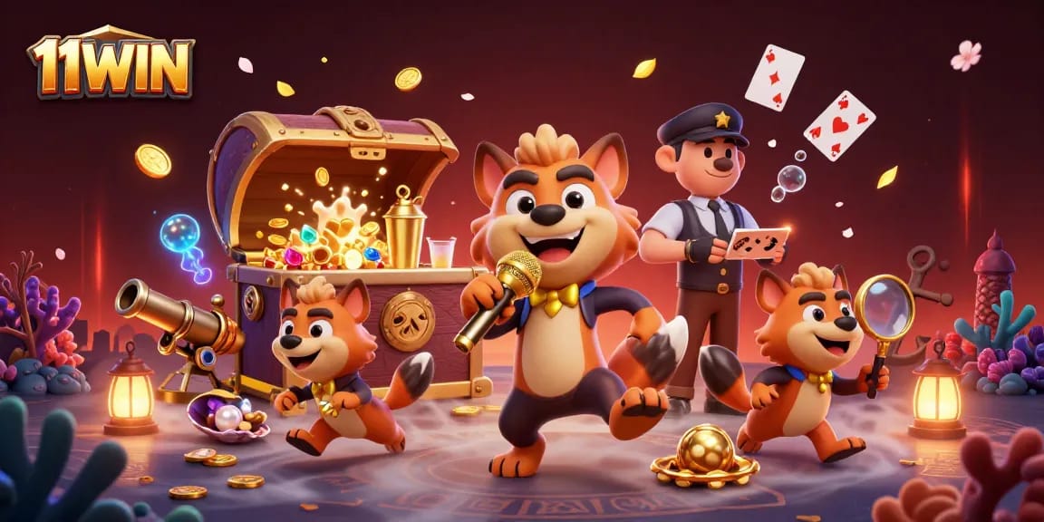 Experience fun at the 11WIN casino as hyenas add laughter in a vibrant scene filled with gaming excitement.