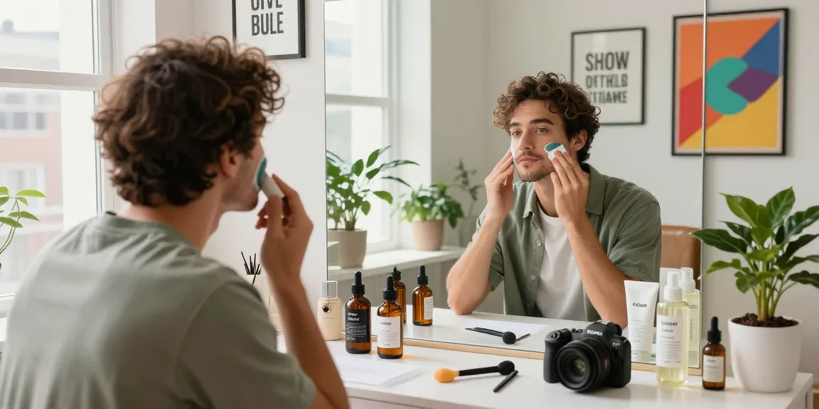 Applying looksmaxxing products in a bright urban space with skincare essentials.
