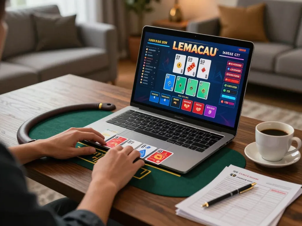 LEMACAU player engaging in live dealer blackjack from a cozy home setup with strategic notes.