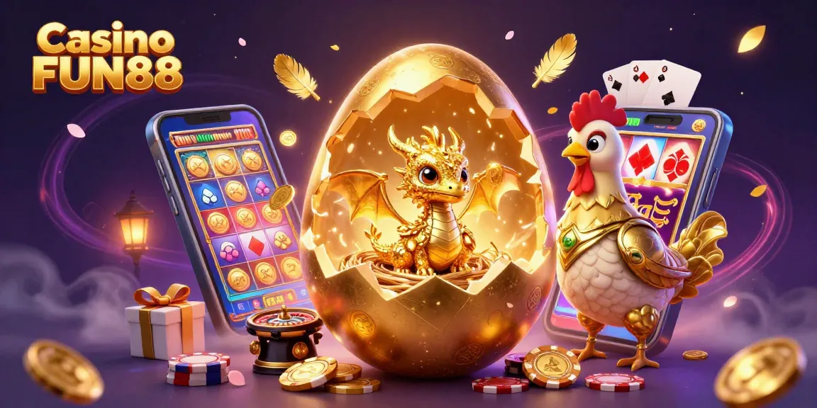 Experience the excitement of Casino FUN88 with a golden dragon and vibrant gaming elements.