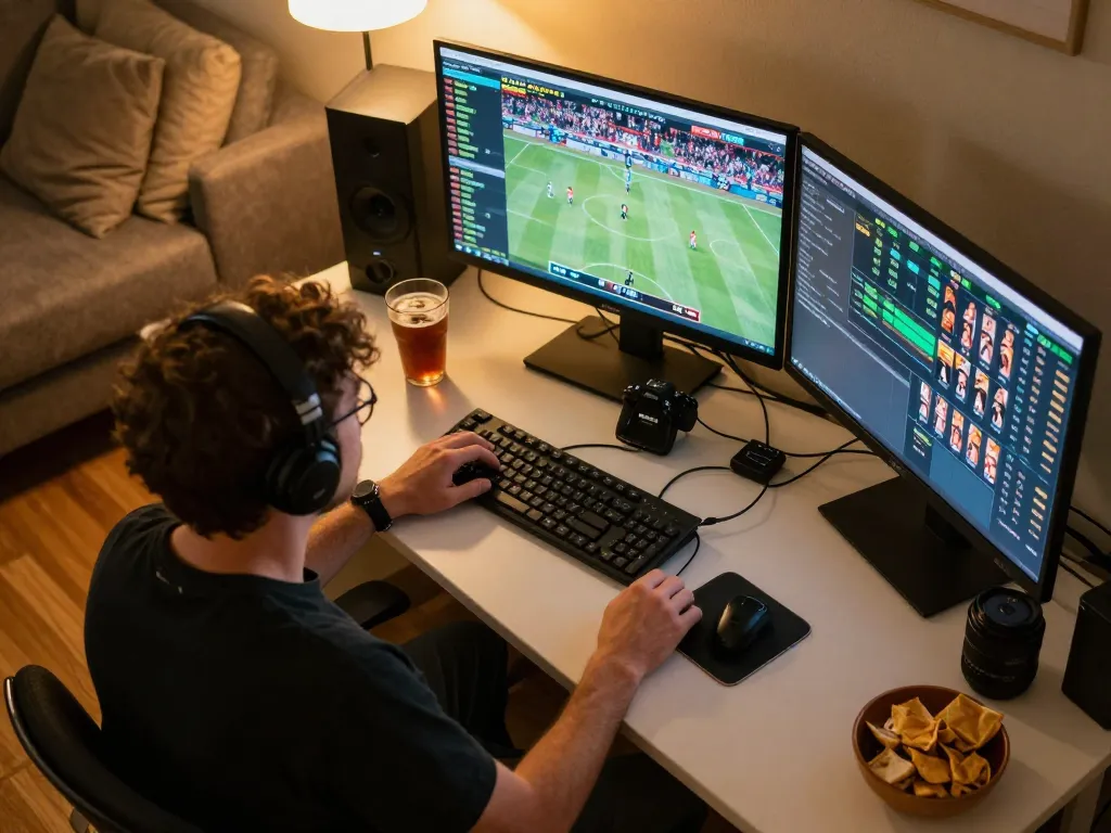 Person engaging with live sports betting on multiple screens, showcasing the excitement at ee88go.