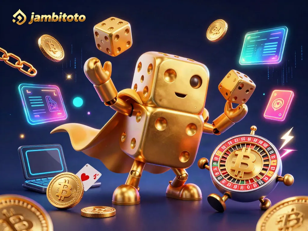 Engage with Jambitoto's thrilling gaming experience, featuring dynamic golden dice, crypto elements, and vibrant casino atmosphere.