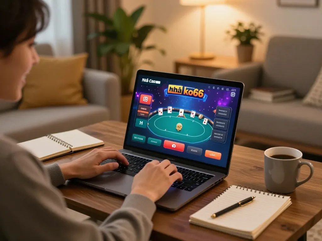 Engaged player enjoying Nhà cái ko66 online poker from home, with notes and coffee on the table.