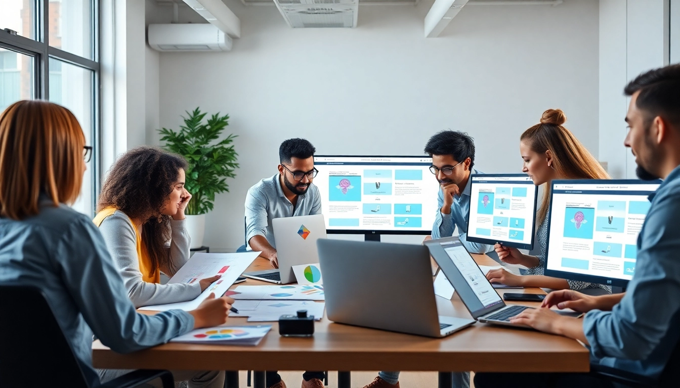 Collaborative team at an NYC web design company working on creative projects.