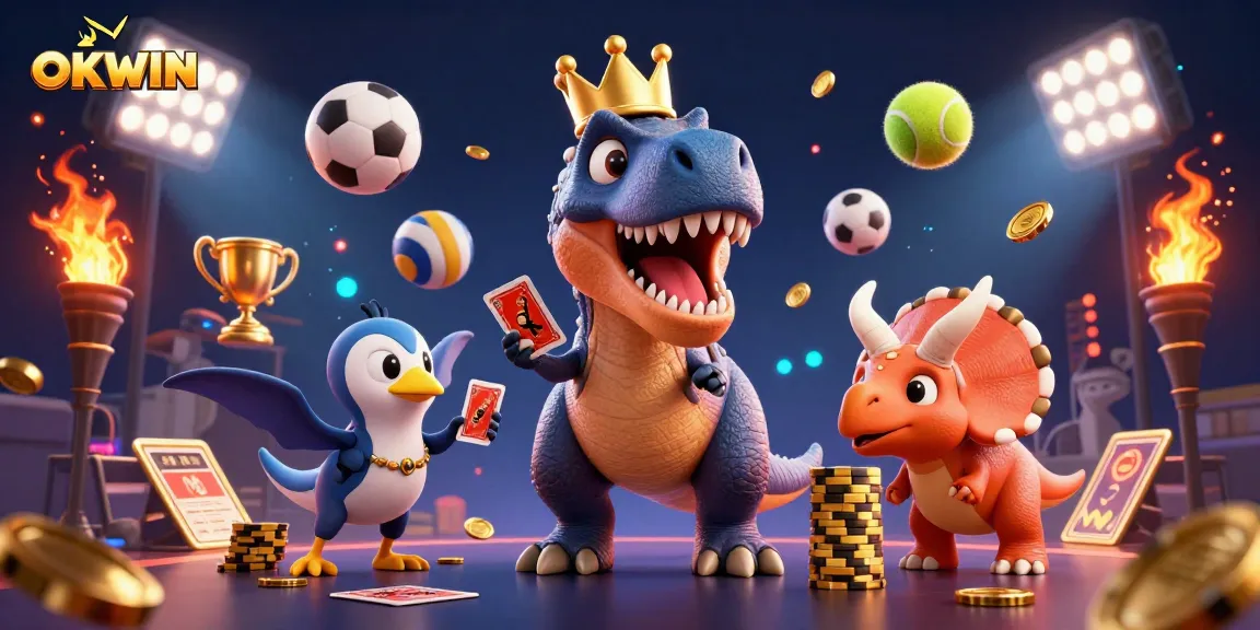 Join the thrilling action at OKWIN with a T-Rex shuffling cards, as champions stack golden chips amid sports excitement!