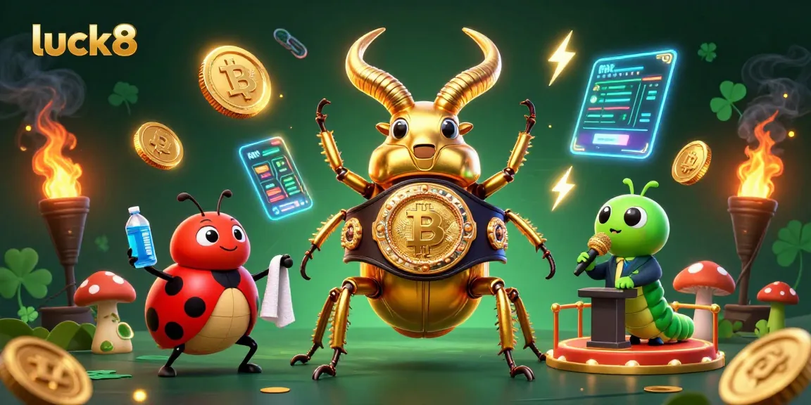 Capture the excitement of luck8 online betting with a vibrant 3D beetle boxing champion battling against digital coins.