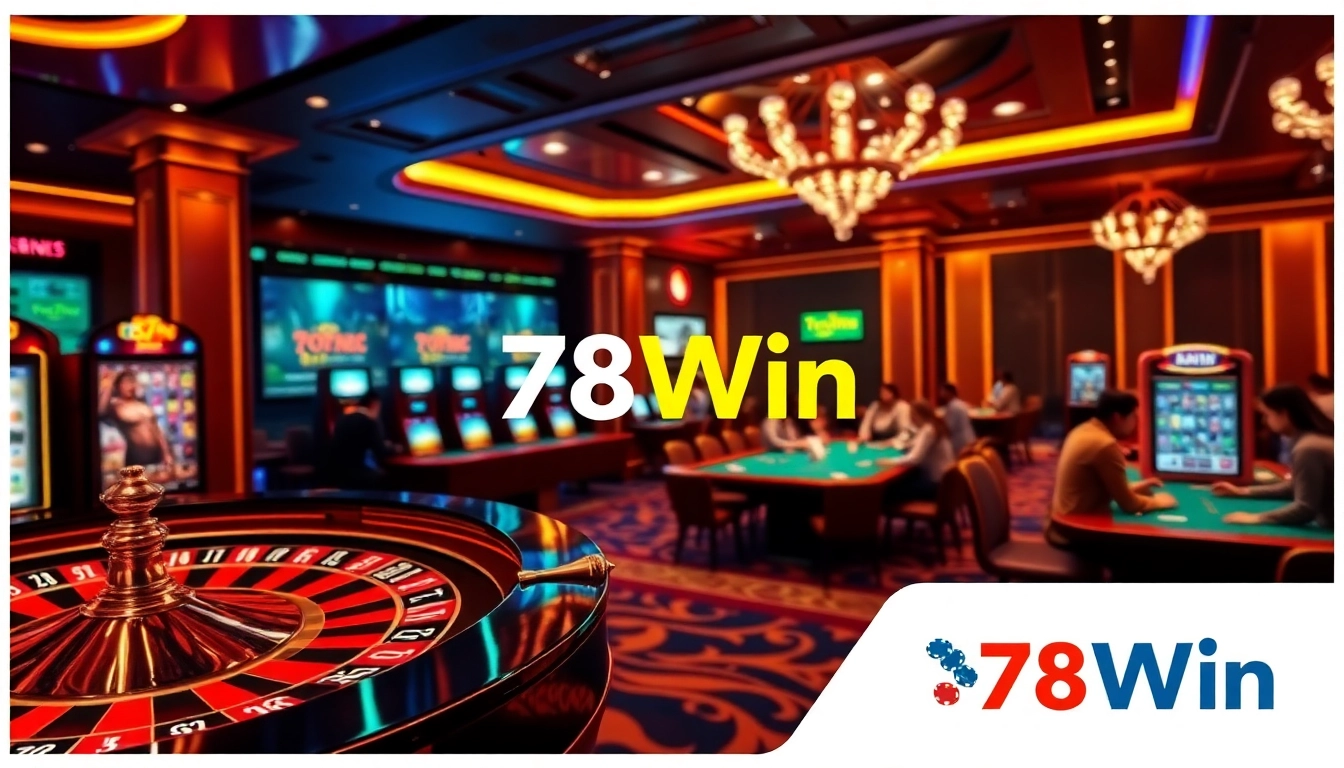 Exciting gaming action at 78Win casino showcasing roulette, poker, and slot machines.