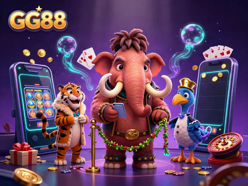 Engage with GG88 at the casino door with mammoth bouncer, VIP saber-tooth, and dodo doorman, surrounded by gaming elements.
