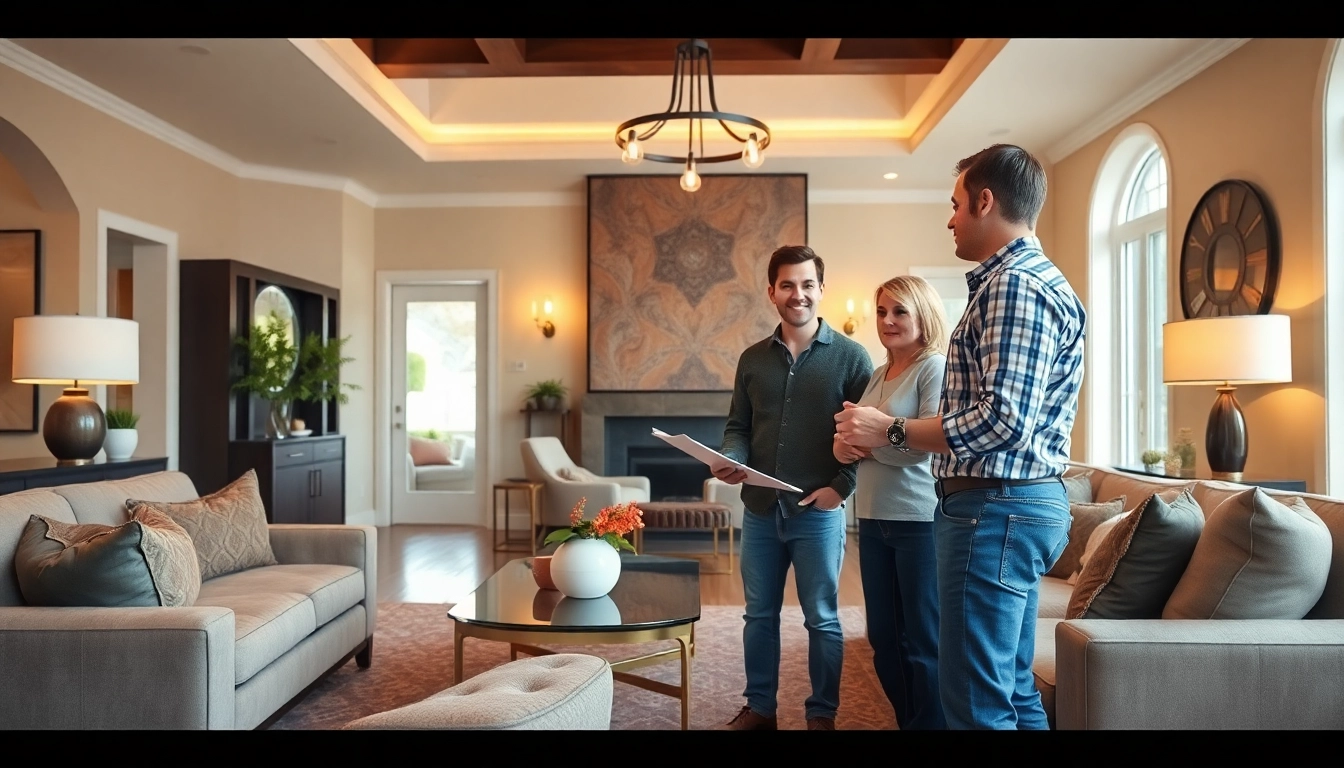 Austin residential remodeling contractor collaborating with homeowners in a stylish living room.