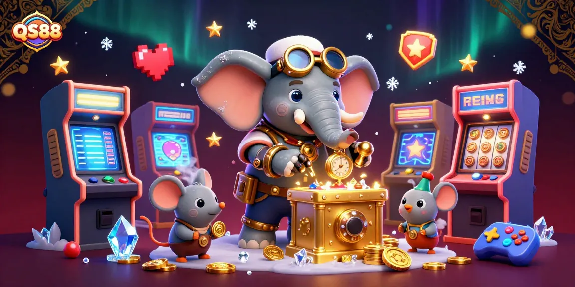 Spin winning reels at QS88 with a steampunk elephant operating a golden slot machine amidst colorful gaming elements.