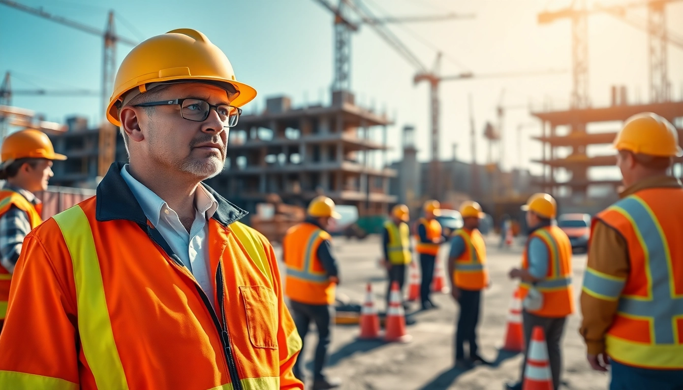 Implementing construction site safety measures with vigilant workers ensuring a secure environment.