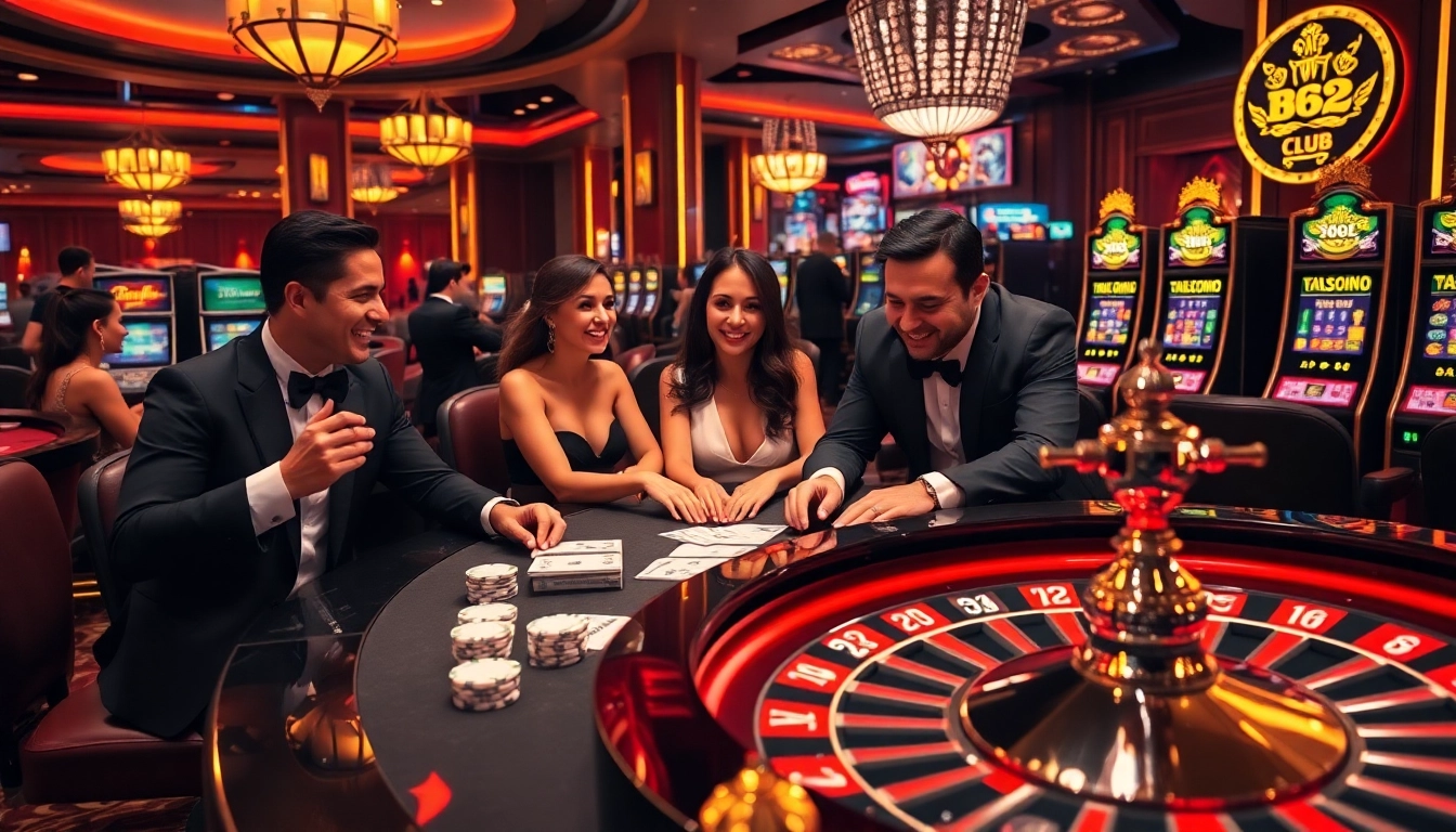 B52 CLUB lighting up the excitement of players at a vibrant casino table with poker chips and cards.
