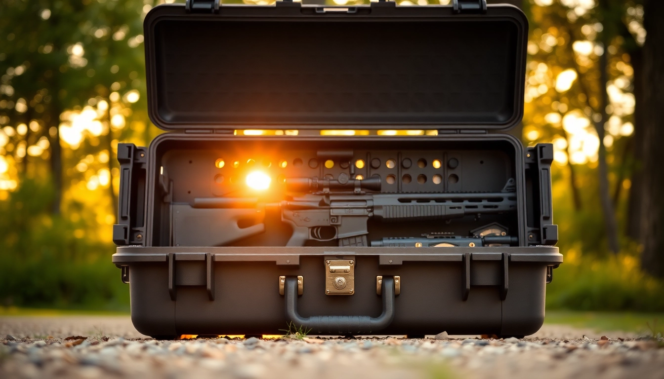 Showcased pelican gun case for sale with firearms organized inside, illuminated by natural sunlight.