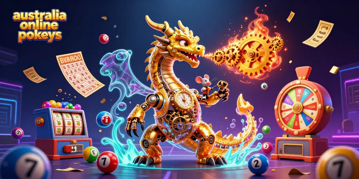 Experience the thrill of australia online pokies with an exciting 3D illustration featuring a golden dragon and vibrant game elements.