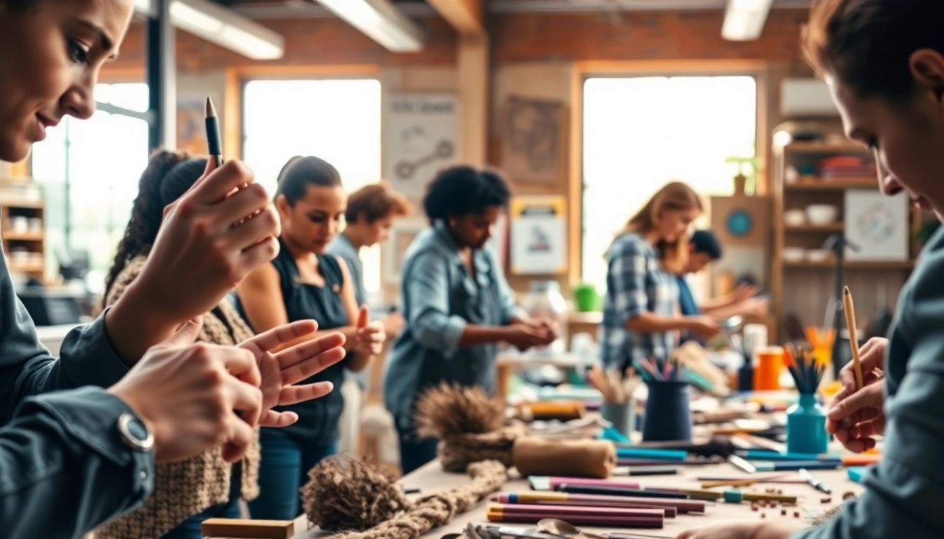 Hands-on engagement in craft training programs showcasing essential tools and vibrant materials.