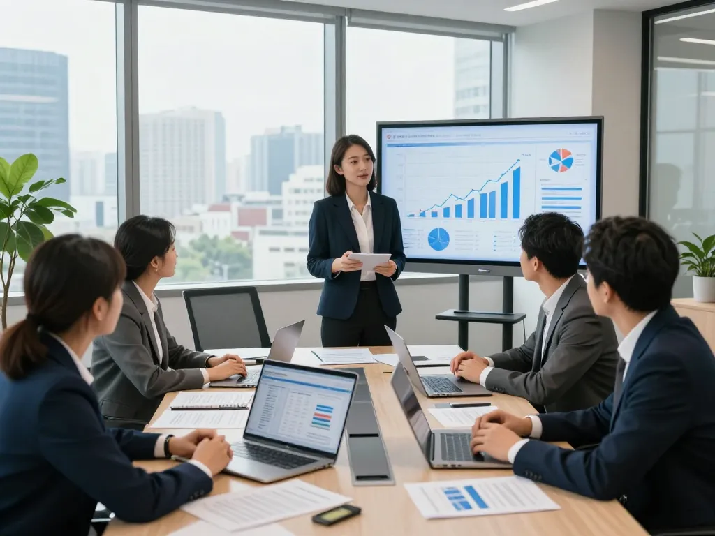 Investment professionals discussing 100% project funding strategies in a modern office setting