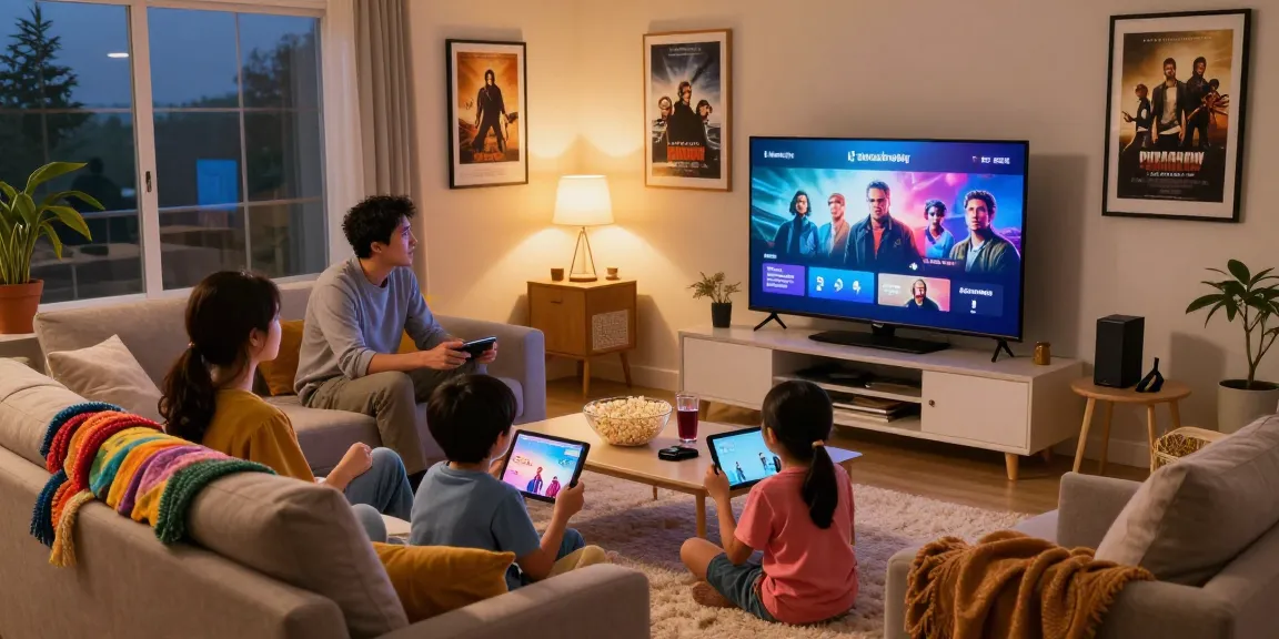 Family streaming Pikashow movies in a cozy living room, enjoying movie night together.