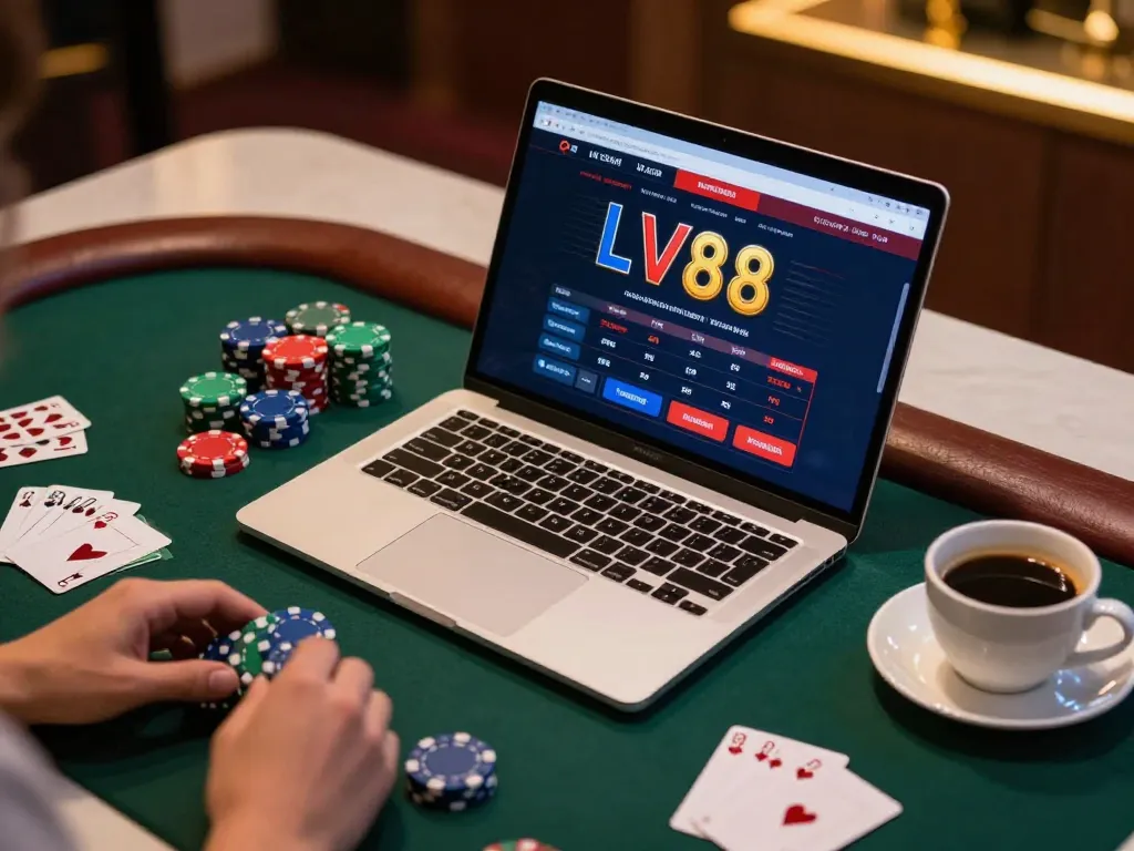 LV88 online gambling setup showcasing poker chips and cards around a laptop, highlighting strategic gameplay.
