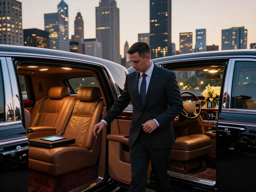 Limousine service Plainfield Illinois with chauffeur opening Lincoln Continental for business client in Chicago.