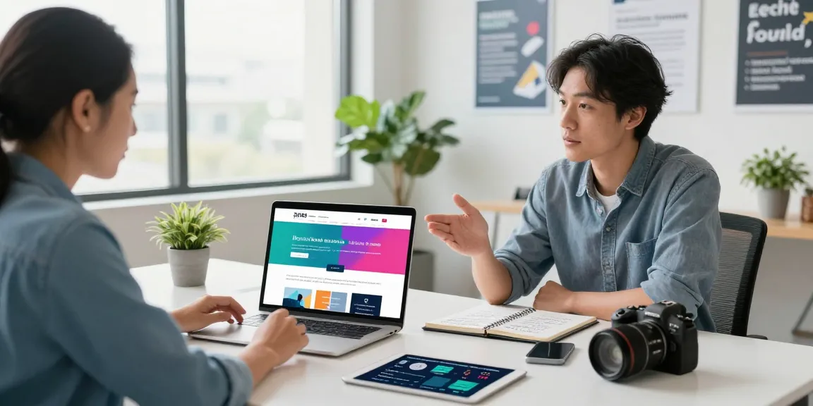 Small business owner discussing pay monthly websites with a consultant in a bright modern office.