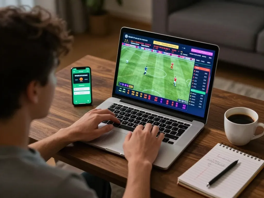 SOCOLIVE user placing bets on live soccer matches in a cozy home environment.