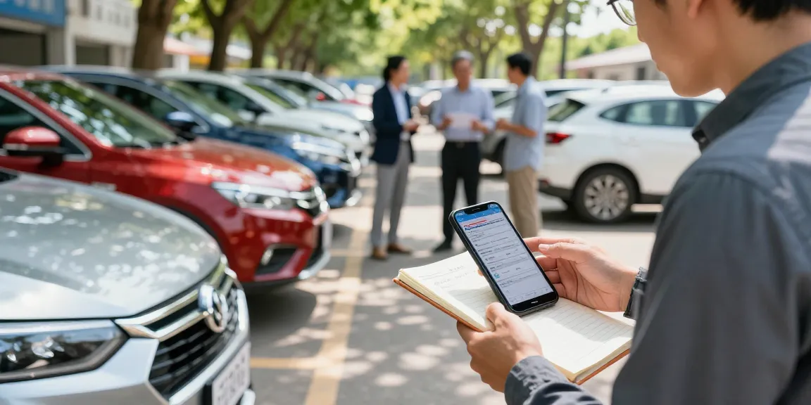 Individual conducting a vin check at a used car lot, ensuring informed buying decisions.