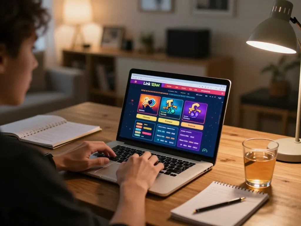 Phiên chơi cờ bạc trực tuyến hấp dẫn với giao diện Link 12bet trên laptop, thiết lập ấm cúng tại nhà