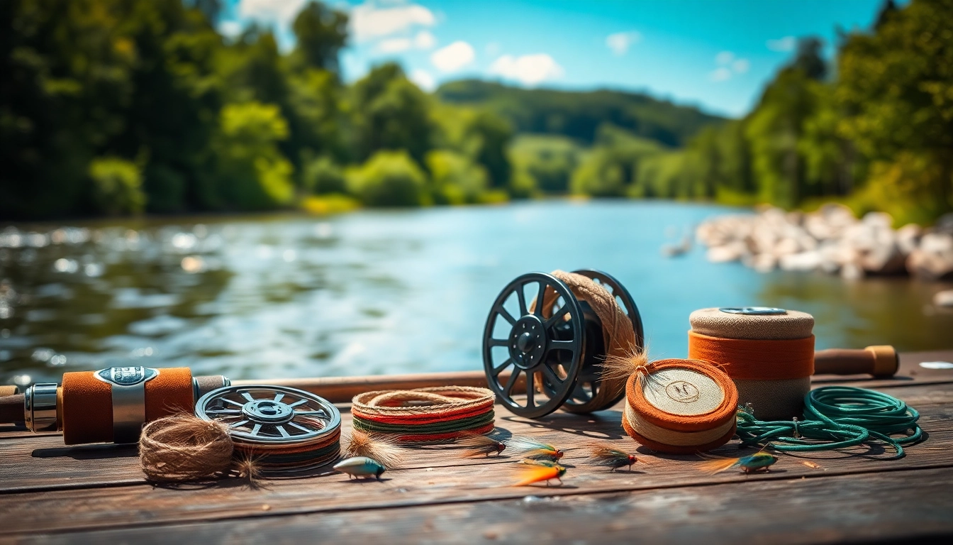 Explore premium fly fishing accessories beautifully displayed by a riverbank.