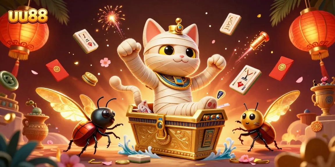 Experience thrilling gameplay at uu88 with the Egyptian mummy cat and glowing scarab in a vibrant casino scene.