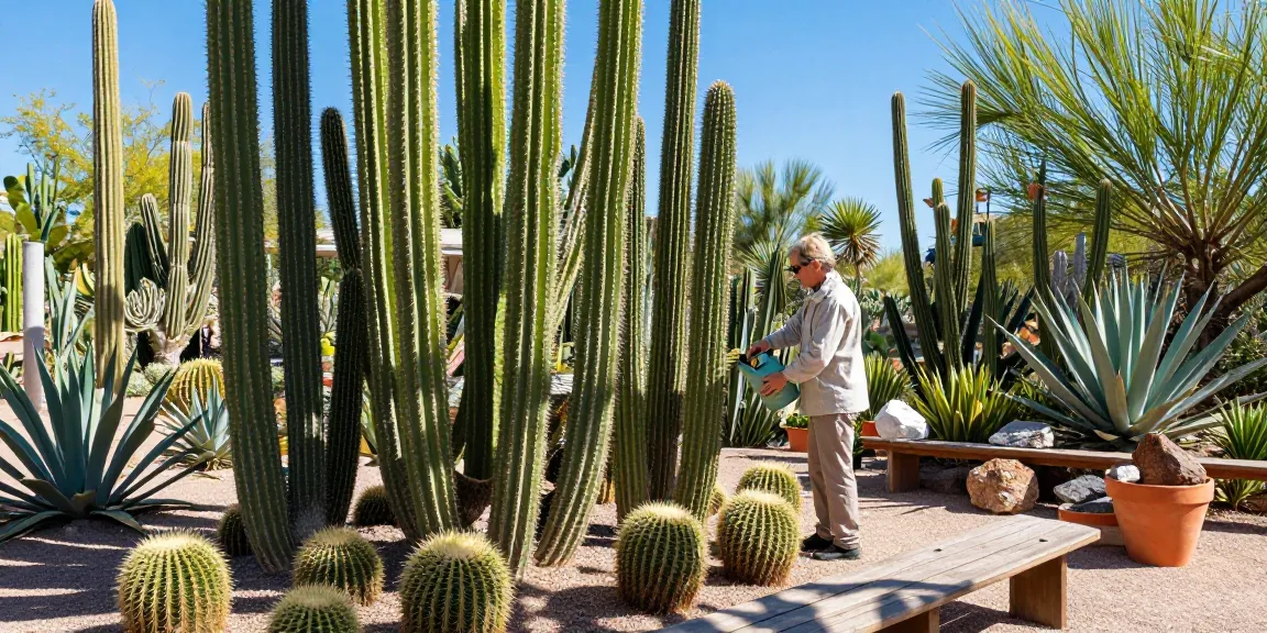 San Pedro Cactus garden scene with vibrant plants and a gardener watering cacti under clear blue skies.