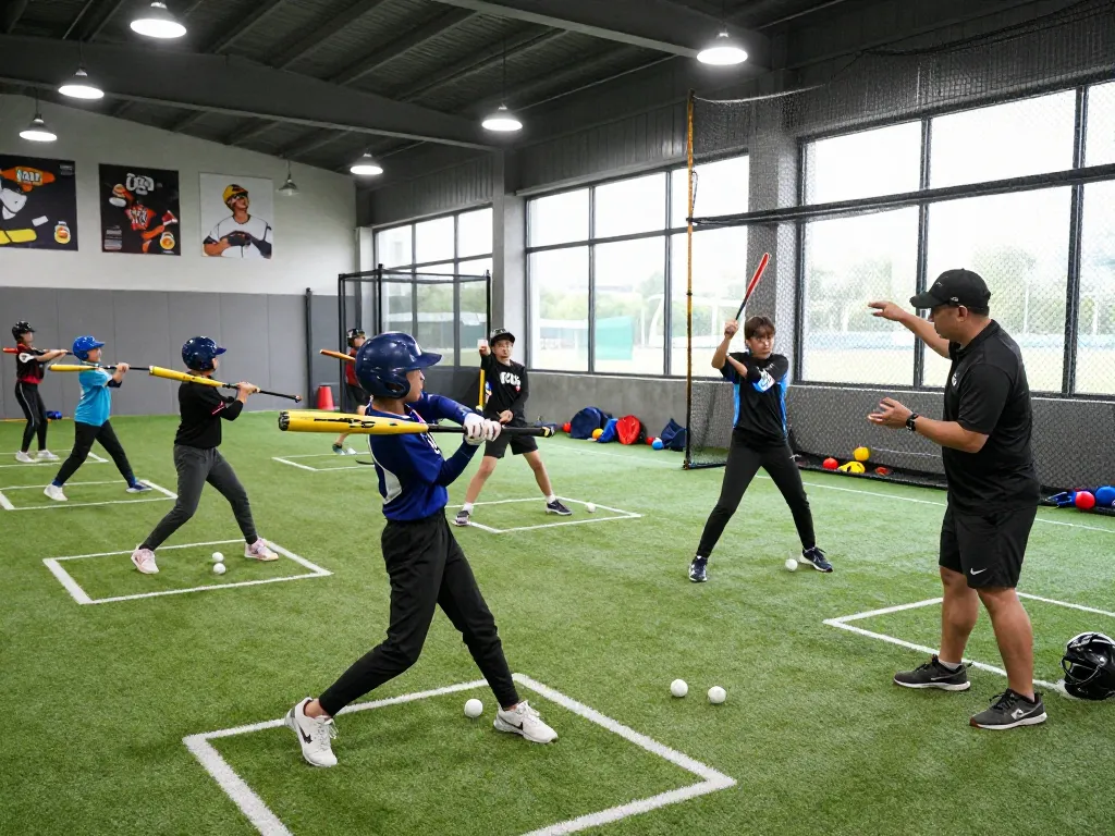 A young athlete practices swinging at hitclub's indoor batting cage with a coach providing insights.