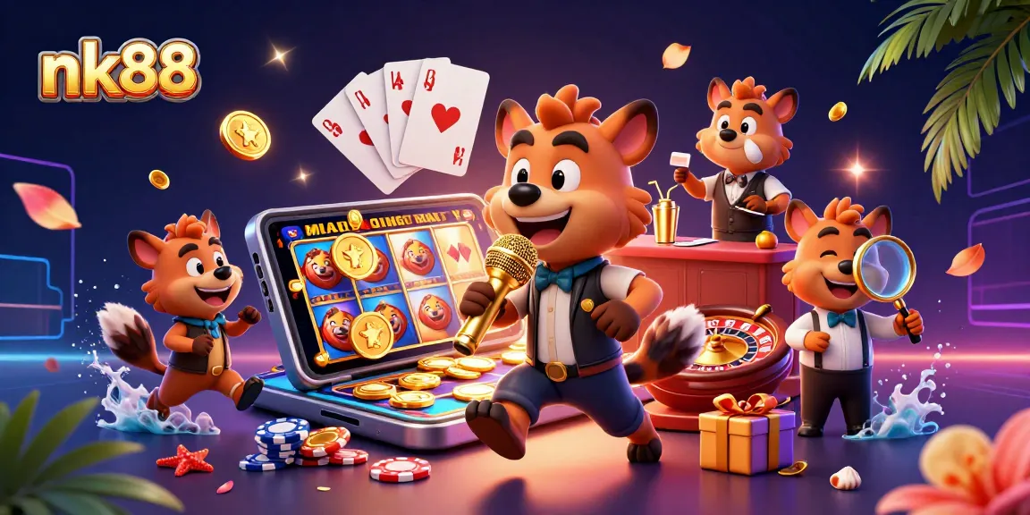 Join the comedy fun at nk88's vibrant casino scene with lively hyenas and engaging games.