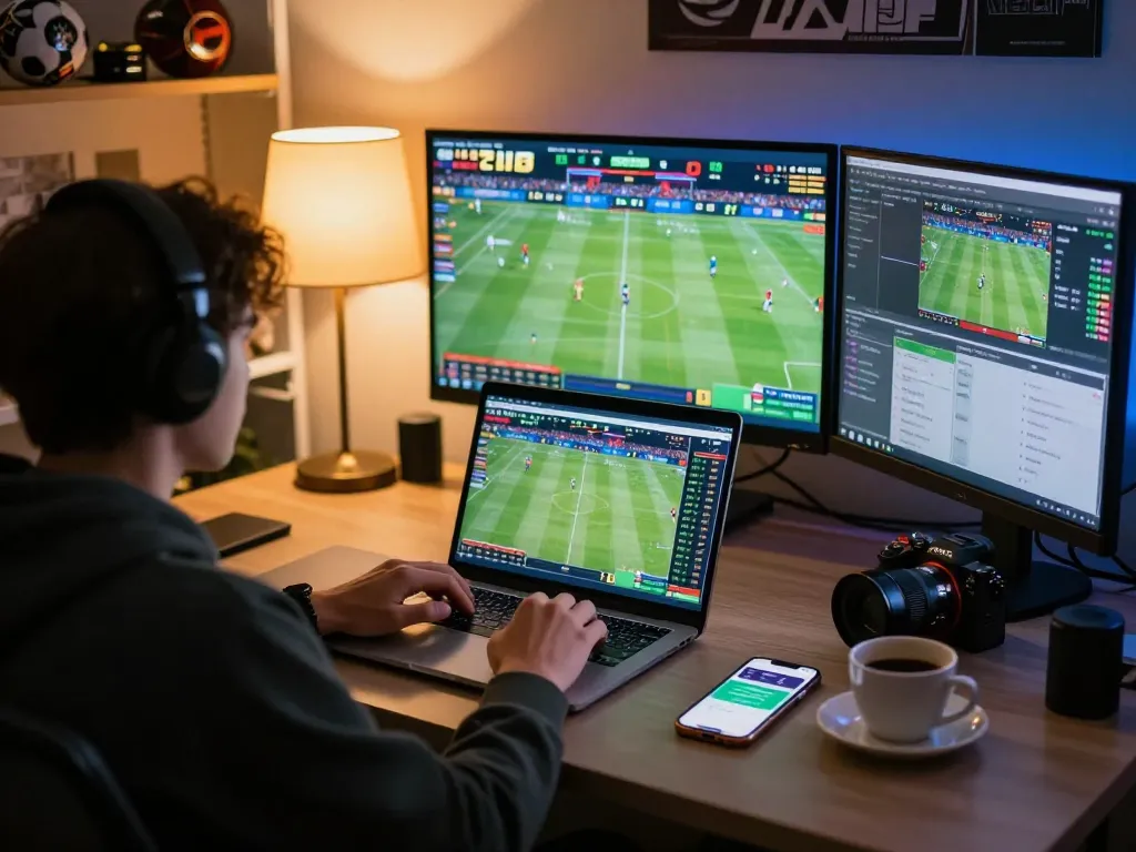 Engaging in sports betting with debet on laptop and app in cozy home setup