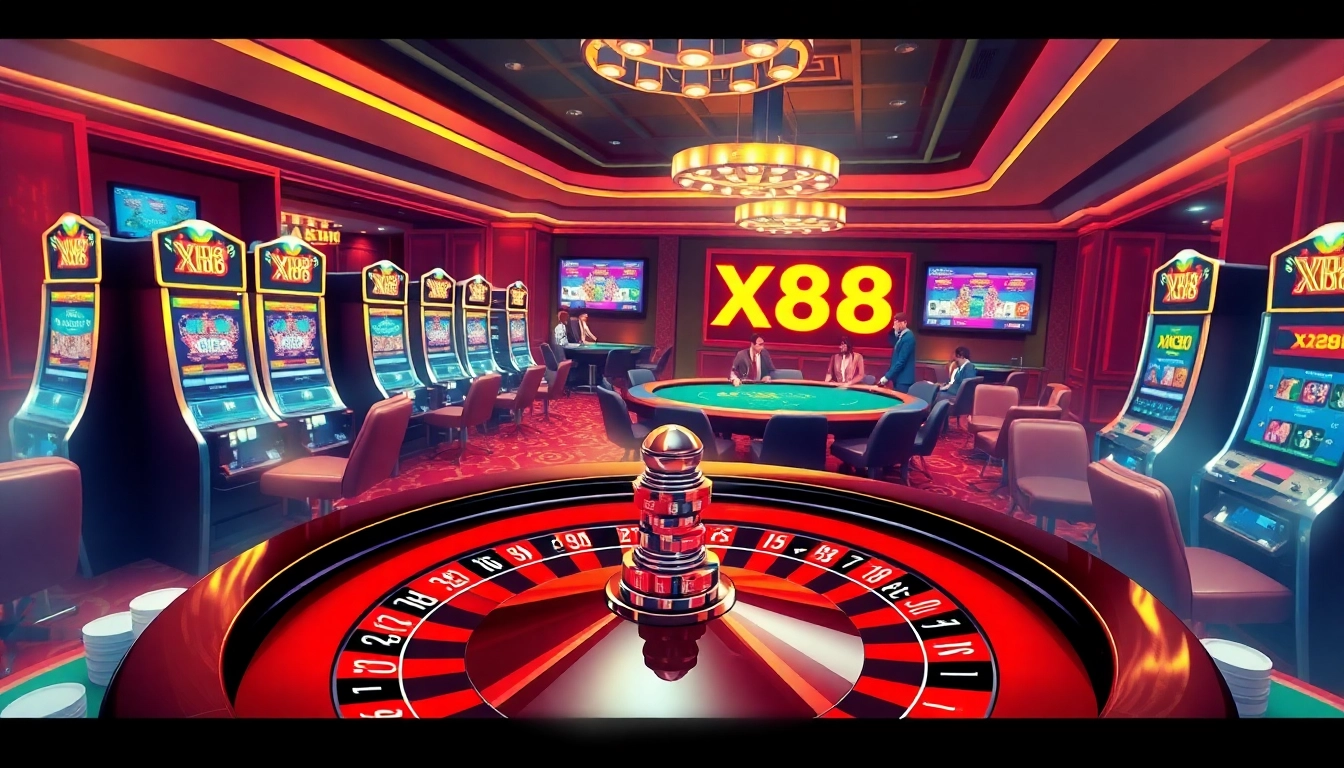 Experience the thrill of gambling at XX88, featuring a luxurious casino ambiance with vibrant slot machines and a spinning roulette wheel.