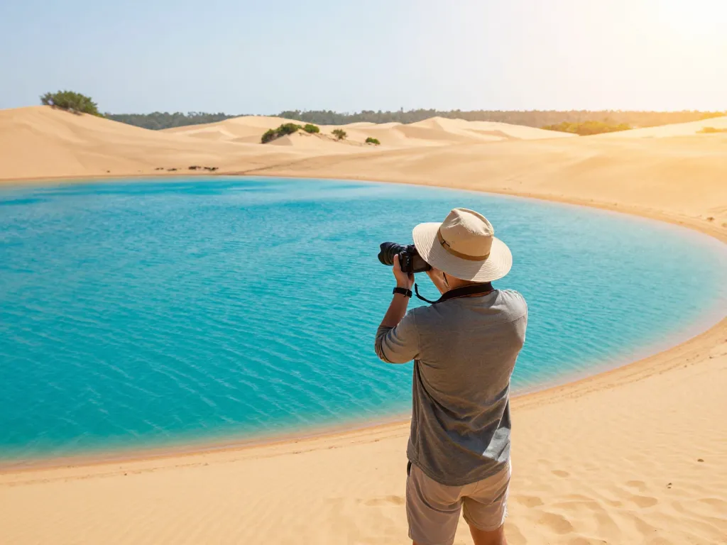 Blue Lake Bintan's turquoise waters and vibrant sand dunes, showcasing a traveler's joyful exploration.