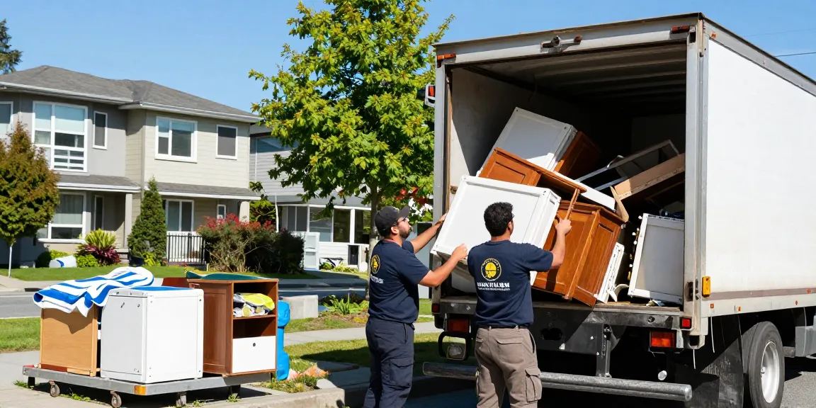 Efficient team handling target Junk Removal Vancouver, loading diverse junk into truck.