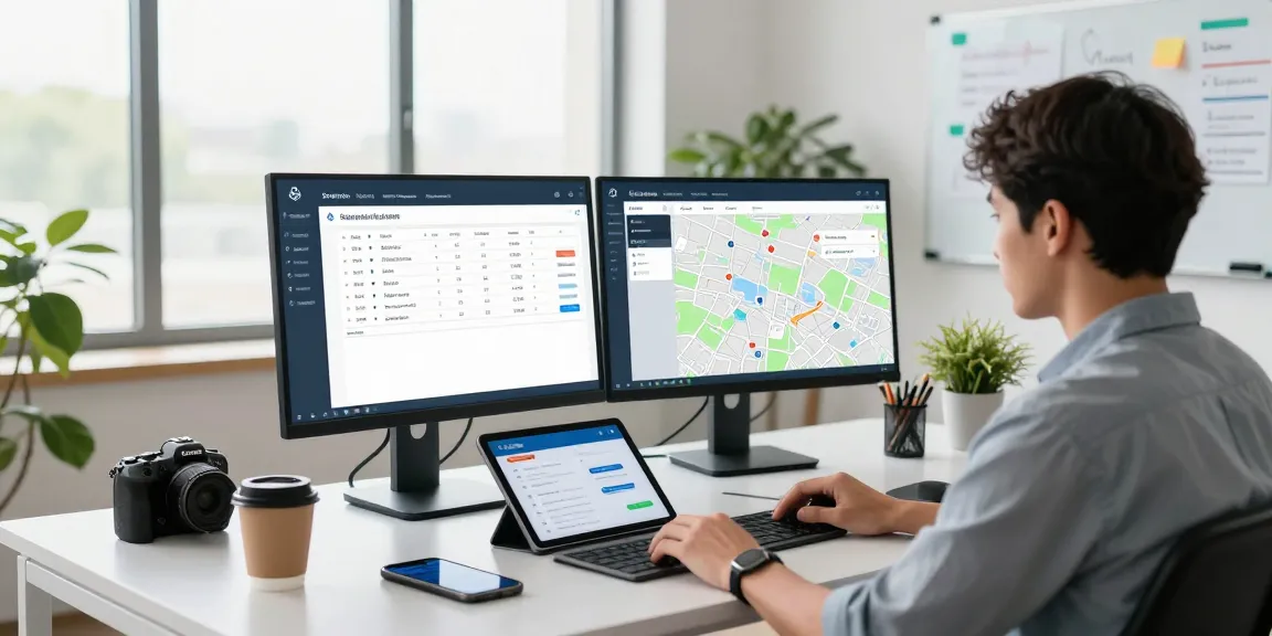 Service provider using technician dispatch software in an organized workspace, showcasing a modern office atmosphere.