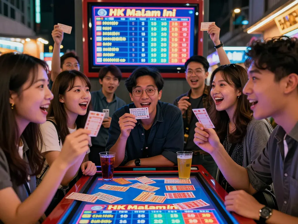 Teman-teman yang antusias memeriksa hasil undian HK Malam Ini di suasana urban yang ramai.