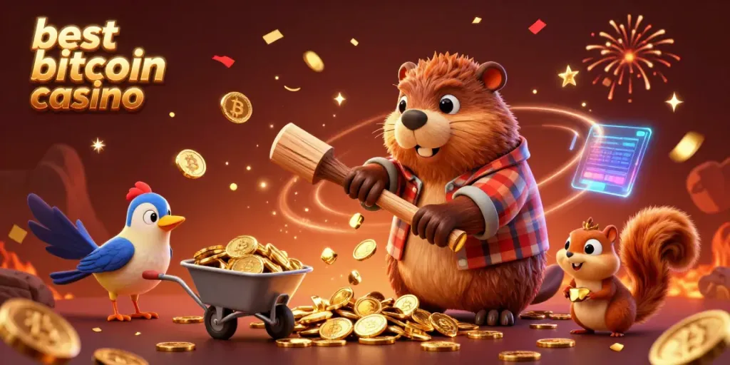 Experience the best bitcoin casino with a lively 3D scene featuring vibrant characters and gold coins.