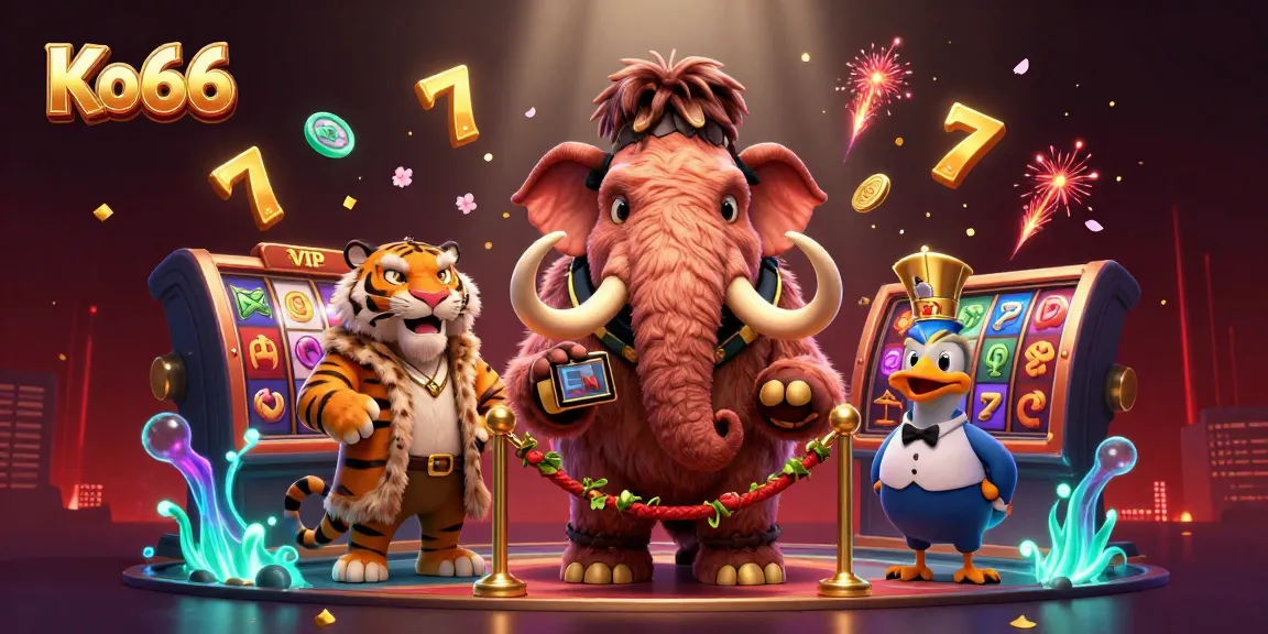 Experience the excitement of Ko66 with vibrant slot machines, dazzling characters, and festive elements.