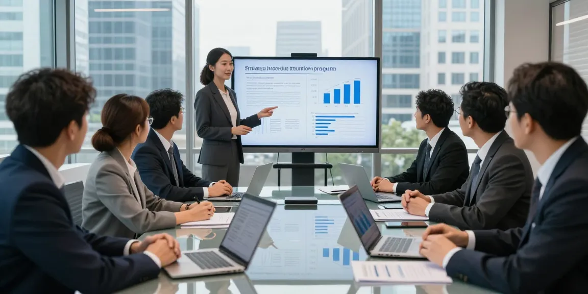 Collaborative professionals discussing joint venture funding program strategies in a modern office.