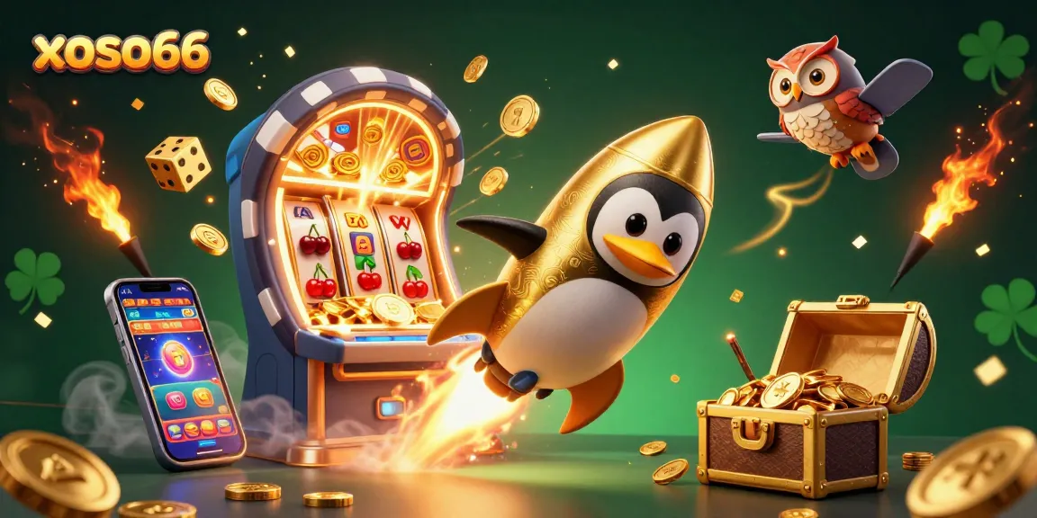 Xoso66 engages players with a thrilling 3D scene of a rocket-powered penguin and dynamic casino elements.
