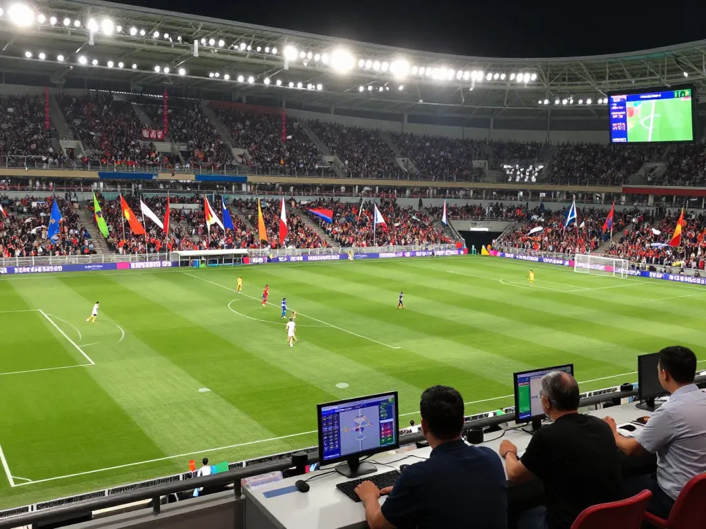 Xoilac streaming live soccer match, vibrant fans in the background, commentator booth capturing the action.