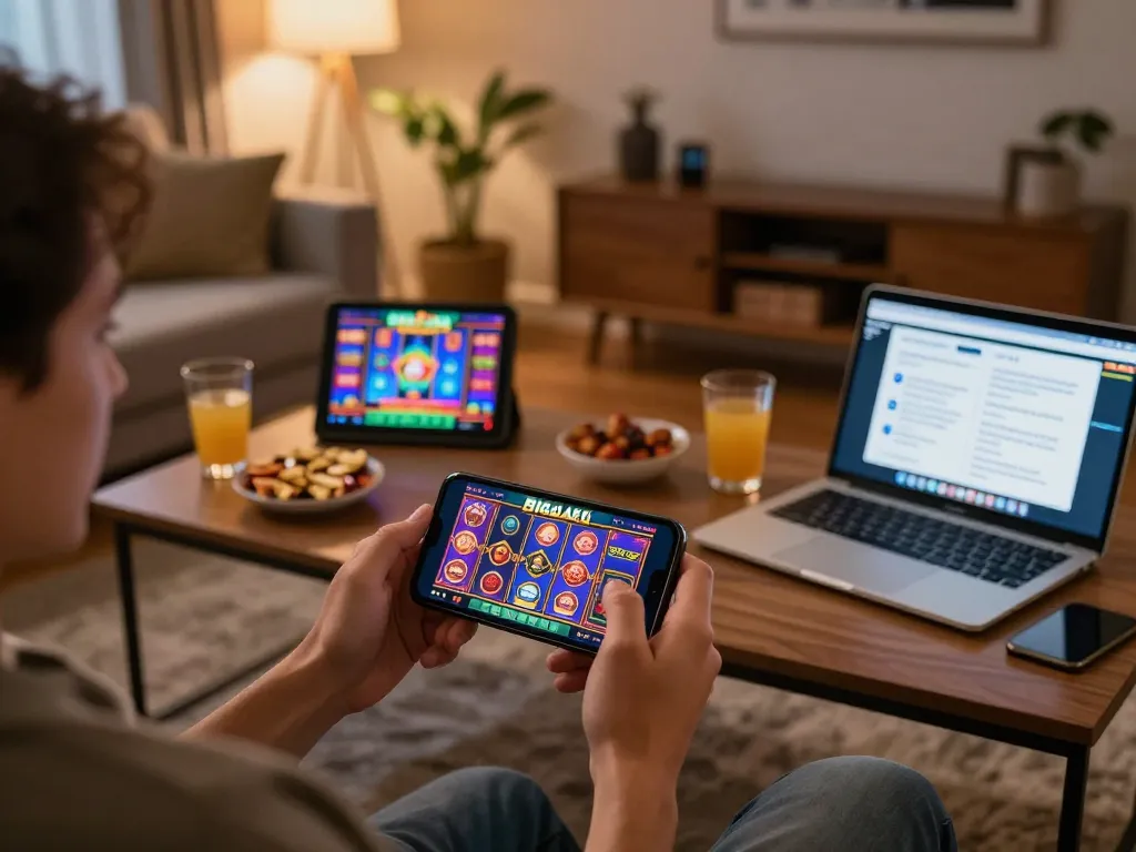 Mobile gaming experience at BigJack Casino showing vibrant slot games on a smartphone