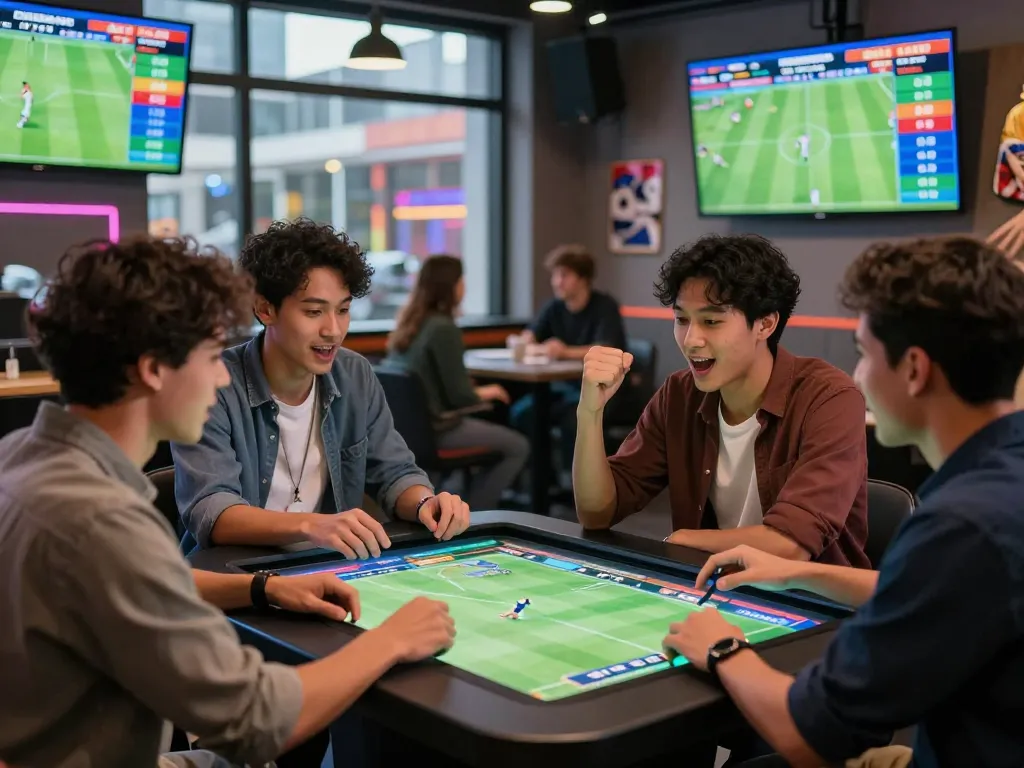 Engaged friends enjoying live sports betting at https://okfun.onl/ in a vibrant urban setting, showcasing excitement and camaraderie.
