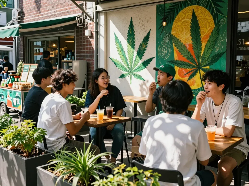 Group of friends discussing where i can get weed at a café in Seoul's vibrant outdoor setting.