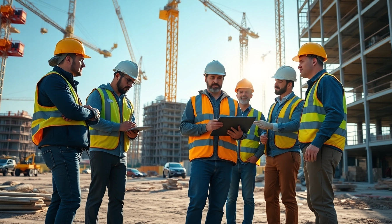 Dynamic scene of construction association members working together on a project site.