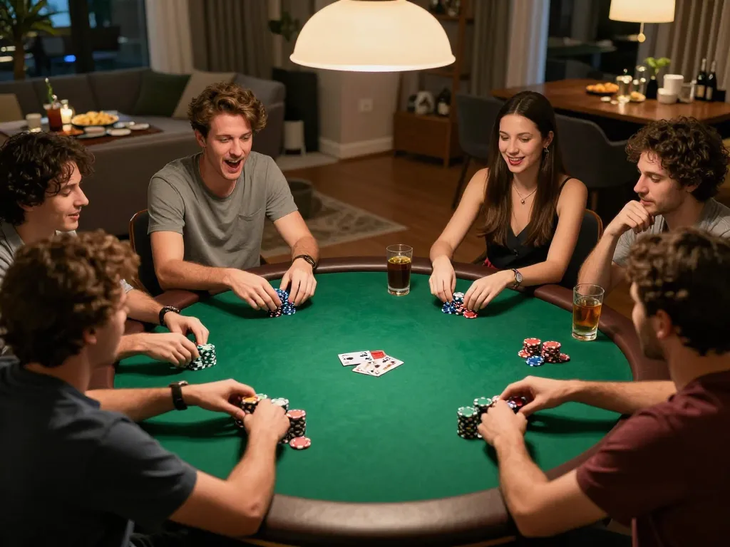 Friends enjoying an engaging poker night at home, showcasing vipwin competitive spirit and strategic gameplay.
