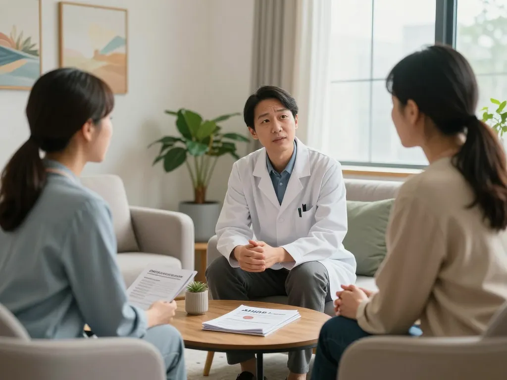 Consultation on ADHD 成人 symptoms with a psychiatrist in a calming clinic.