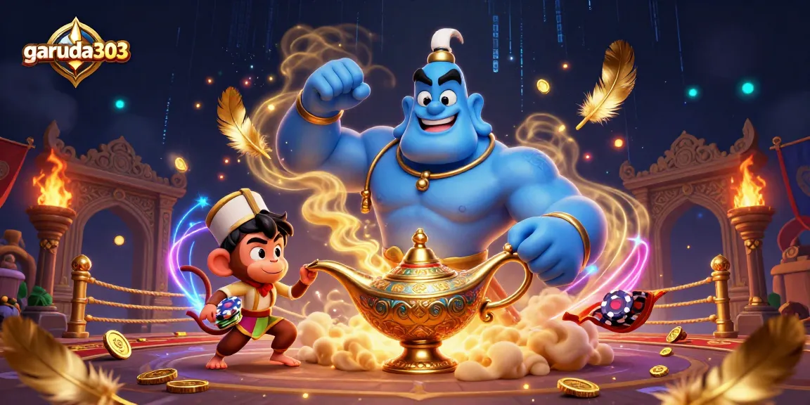garuda303 showcases a muscular blue genie and monkey on a magic carpet, vibrant casino action scene.